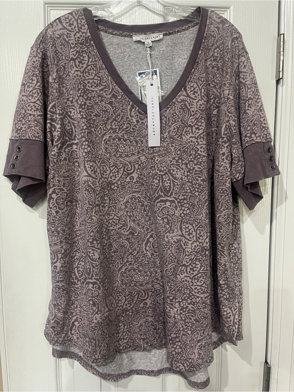 Jane and Delancey Dusty Purple Paisley V-Neck Short Sleeve Tee